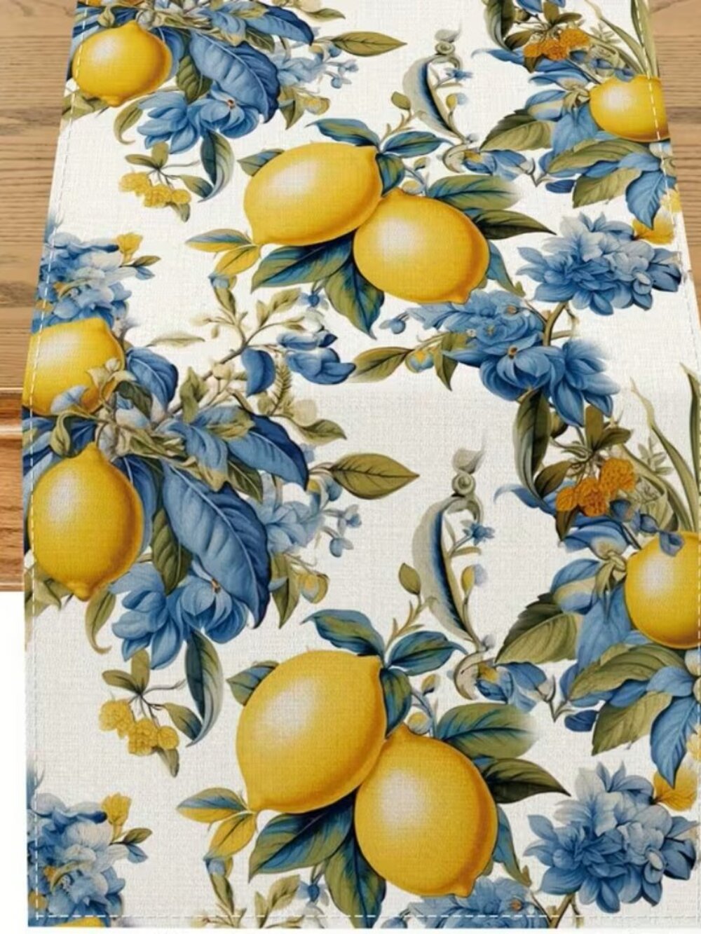 Summer Home Italian Vibe Table Runner - Yellow Lemons Blue Flowers Design -72 in